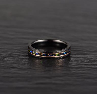 Black Hammered Tungsten Crushed Opal Women's Wedding Band 4MM - Rings By Pristine