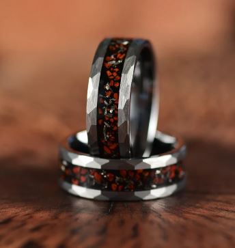 Grey Hammered Tungsten Dinosaur Bone and Meteorite Men's Wedding Band 8MM - Rings By Pristine