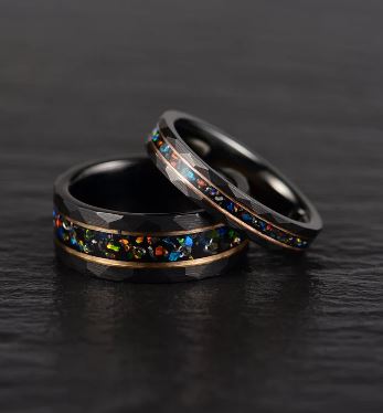 Black Hammered Tungsten Crushed Opal Women's Wedding Band 4MM - Rings By Pristine