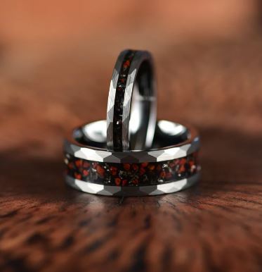 Grey Hammered Tungsten Dinosaur Bone and Meteorite Women's Wedding Band 4MM - Rings By Pristine