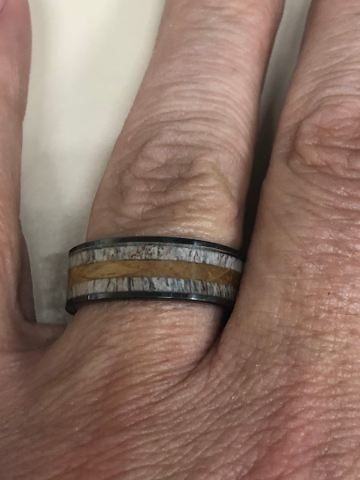 Black Ceramic White Oak Antler Inlay Men's Wedding Band - Rings By Pristine