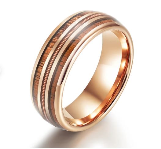 Koa Wood Rose Tungsten Guitar String Men's Wedding Band 8MM - Rings By Pristine