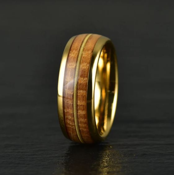 Whiskey Barrel Wood Guitar String Yellow Tungsten Men's Wedding Band 8MM - Rings By Pristine