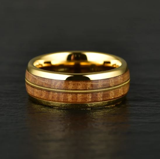 Whiskey Barrel Wood Guitar String Yellow Tungsten Men's Wedding Band 8MM - Rings By Pristine