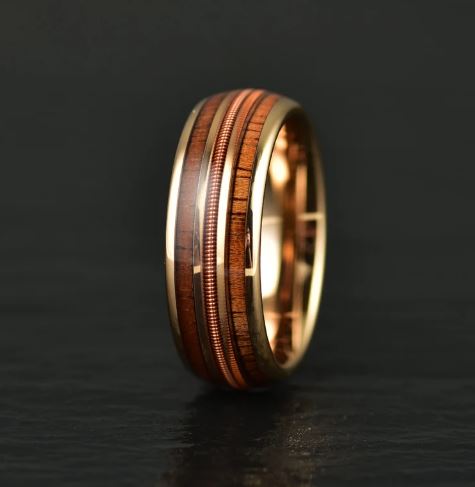 Koa Wood Rose Tungsten Guitar String Men's Wedding Band 8MM - Rings By Pristine