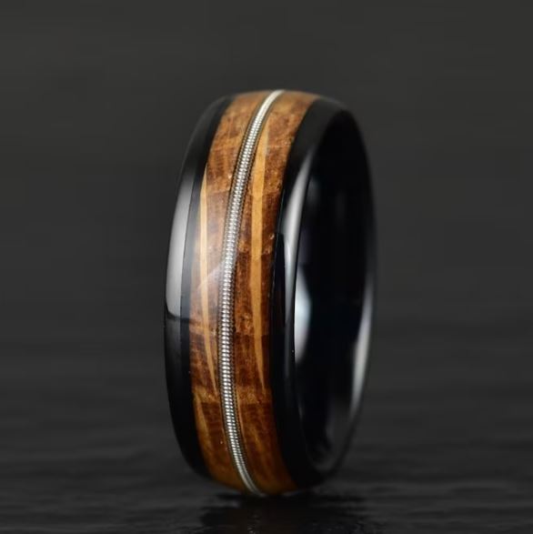 Whiskey Barrel Wood Guitar String Black Tungsten Men's Wedding Band 8MM - Rings By Pristine