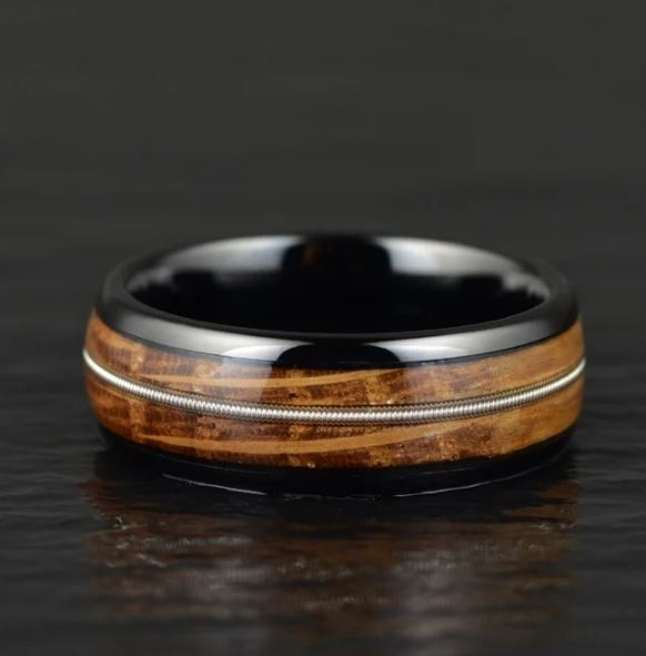 Whiskey Barrel Wood Guitar String Black Tungsten Men's Wedding Band 8MM - Rings By Pristine