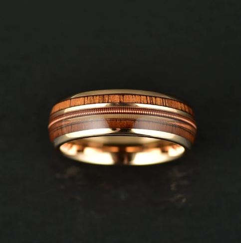 Koa Wood Rose Tungsten Guitar String Men's Wedding Band 8MM - Rings By Pristine