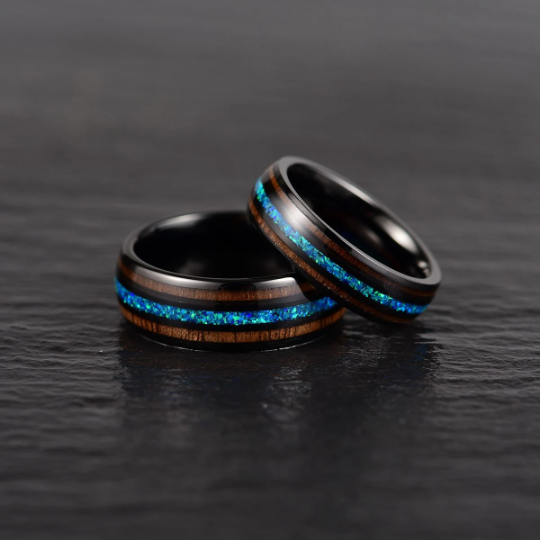 Black Tungsten Koa Wood Blue Opal Men's Wedding Band 8MM - Rings By Pristine