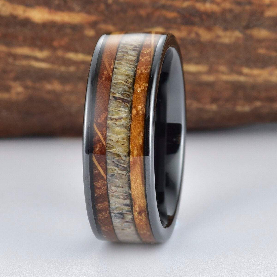 Whiskey Barrel Wood Antler Black Ceramic Ring Men's Wedding Band 8MM - Rings By Pristine