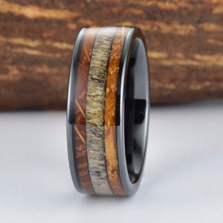 Whiskey Barrel Wood Antler Black Ceramic Ring Men's Wedding Band 8MM - Rings By Pristine