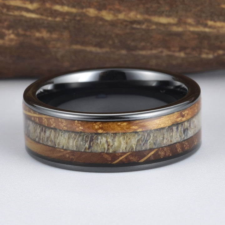 Whiskey Barrel Wood Antler Black Ceramic Ring Men's Wedding Band 8MM - Rings By Pristine