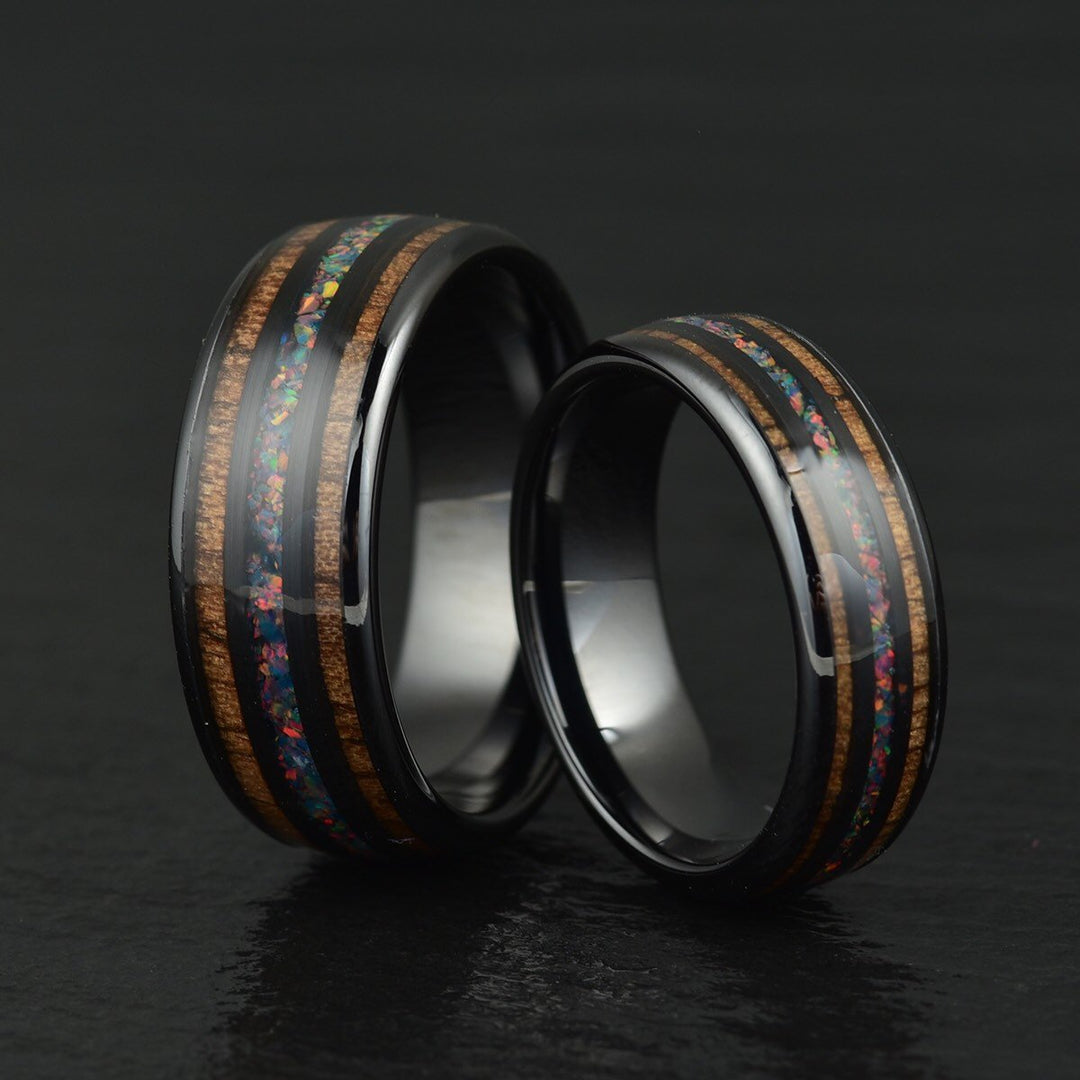 Opal Koa Wood Black Ceramic Men's Wedding Band 8MM - Rings By Pristine