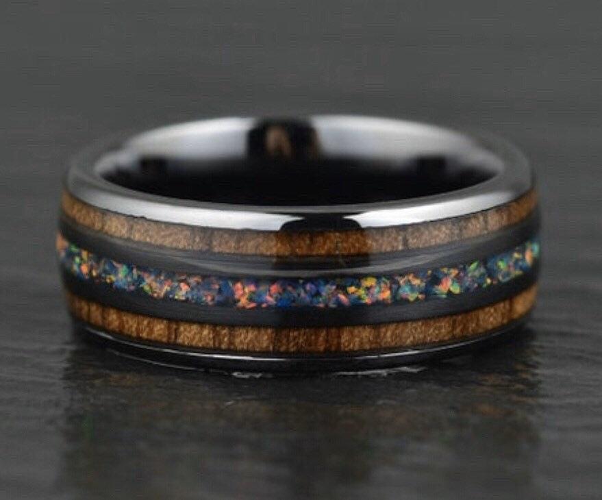 Opal Koa Wood Black Ceramic Men's Wedding Band 8MM - Rings By Pristine