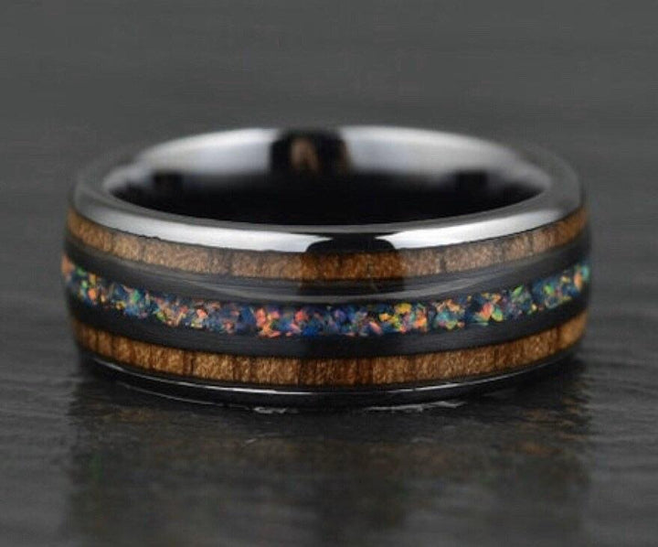 Opal Koa Wood Black Ceramic Men's Wedding Band 8MM - Rings By Pristine