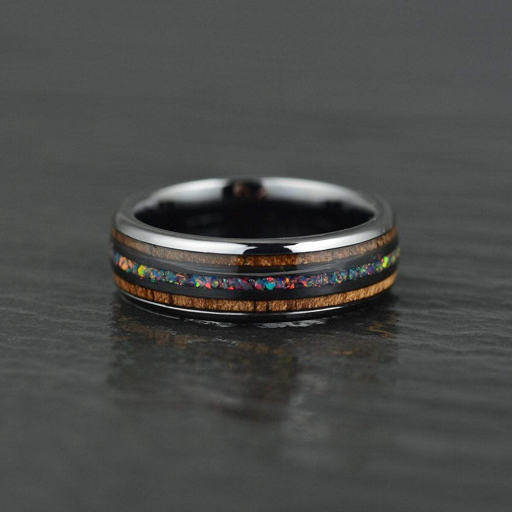 Opal Koa Wood Black Ceramic Men's Wedding Band 8MM - Rings By Pristine