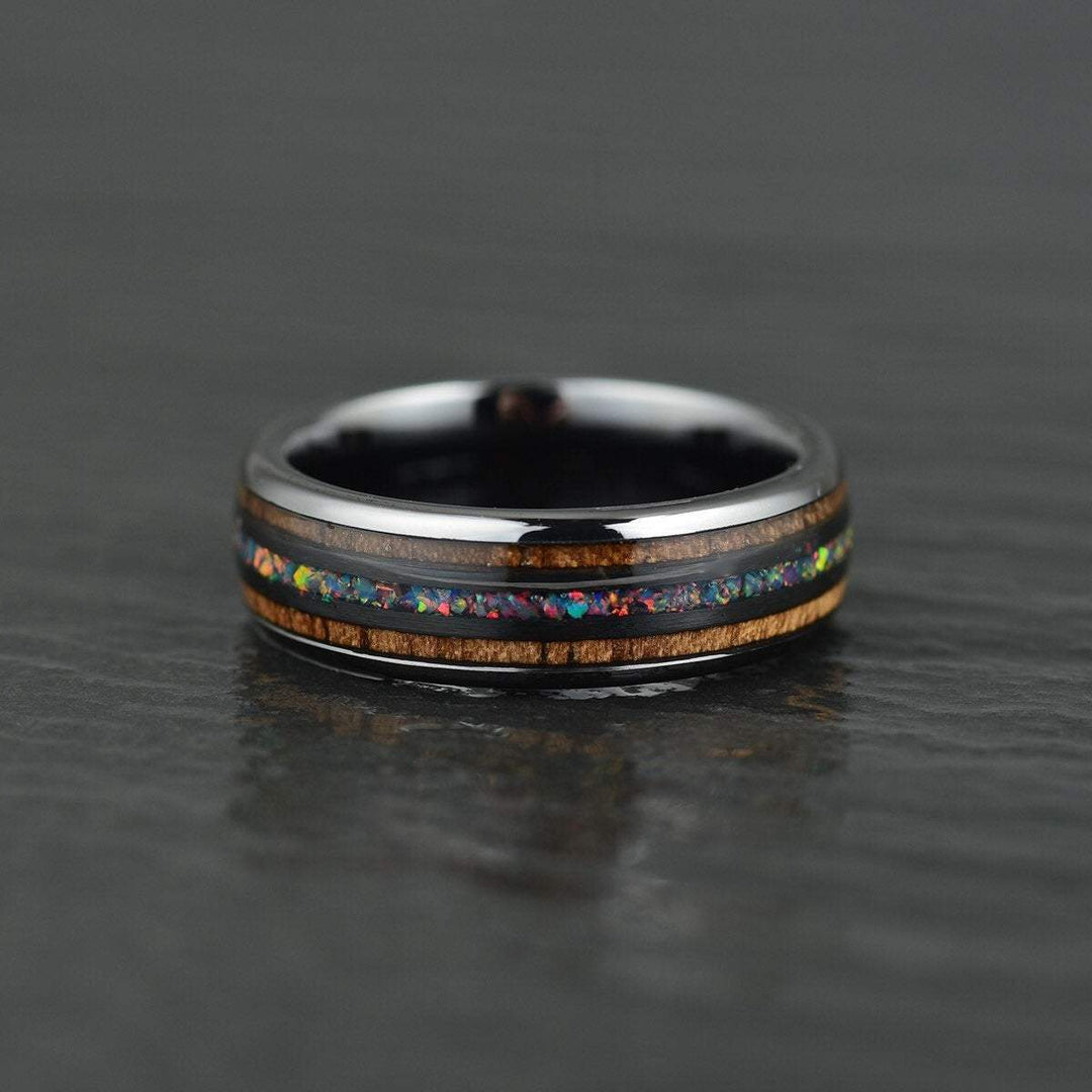 Opal Koa Wood Black Ceramic Men's Wedding Band 8MM - Rings By Pristine