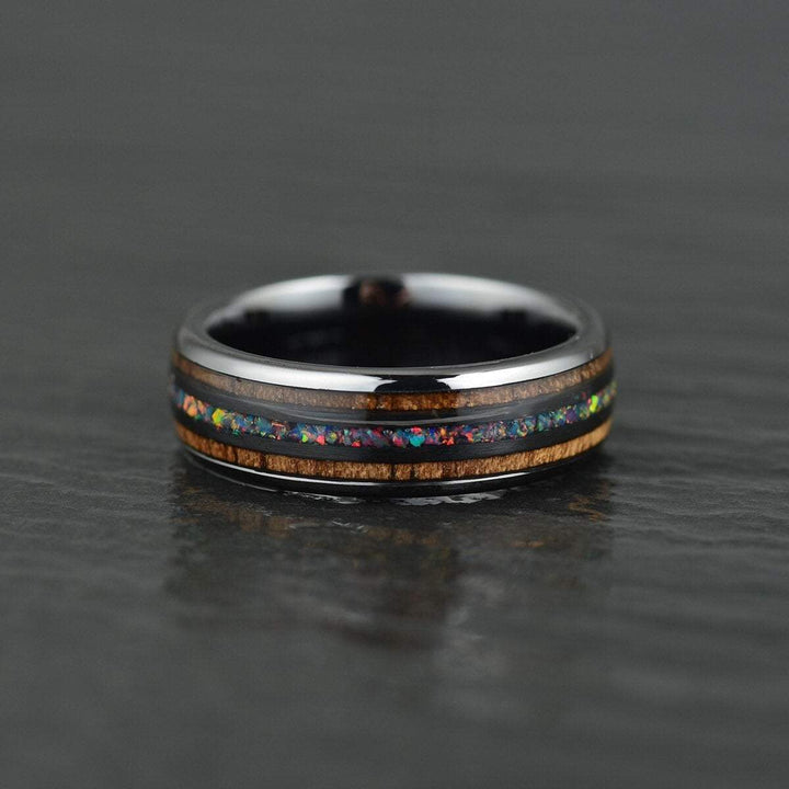 Opal Koa Wood Black Ceramic Men's Wedding Band 8MM - Rings By Pristine