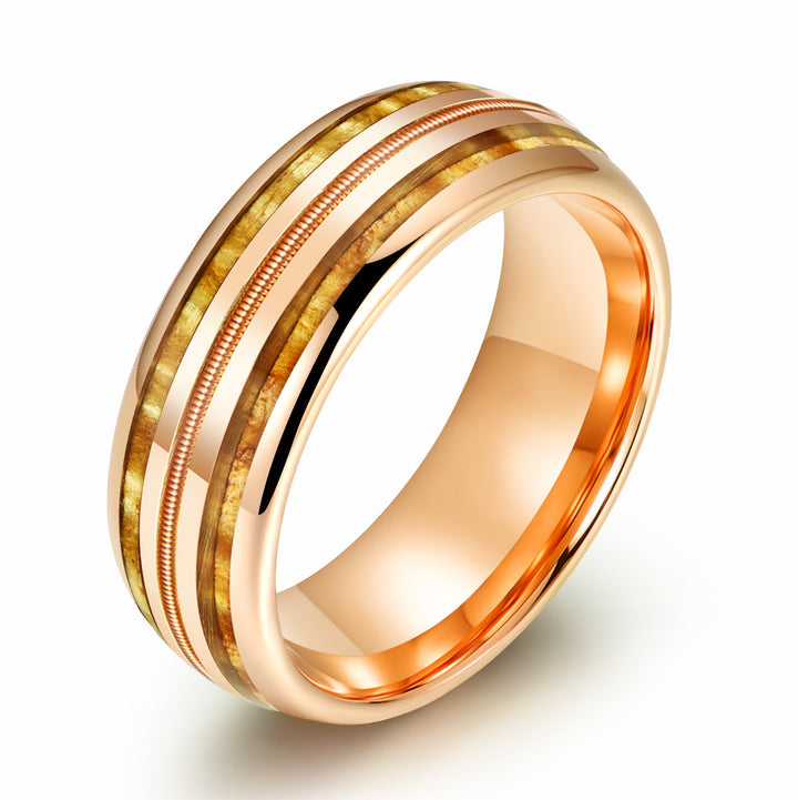 Hawaiian Koa Wood & Guitar String Rose Tungsten Mens Wedding Ring 8MM - Rings By Pristine