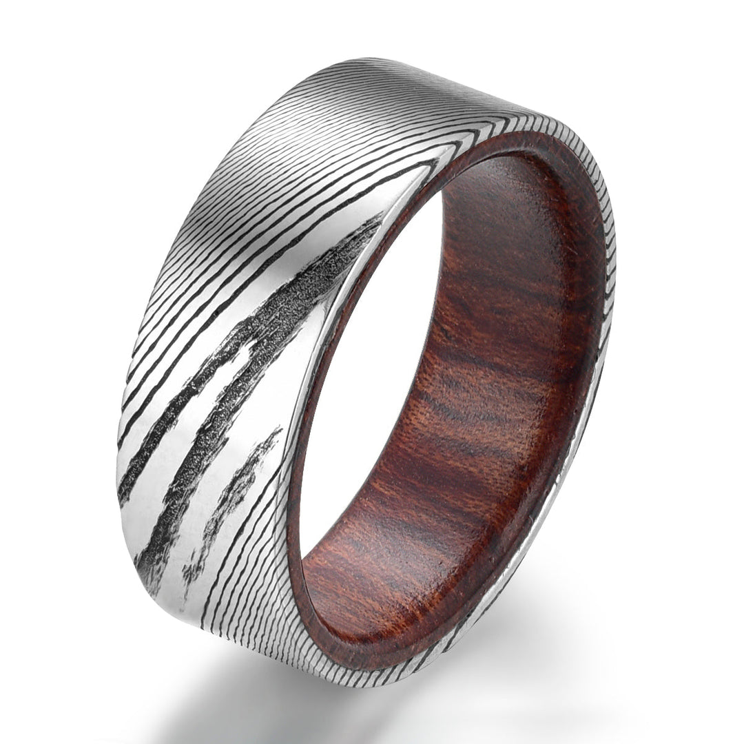 Damascus Rose Wood Burl Men's Wedding Band 8MM - Rings By Pristine