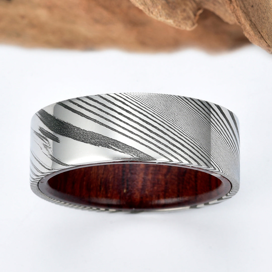 Damascus Rose Wood Burl Men's Wedding Band 8MM - Rings By Pristine