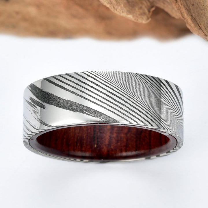 Damascus Rose Wood Burl Men's Wedding Band 8MM - Rings By Pristine