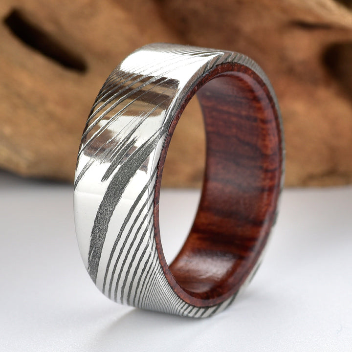 Damascus Rose Wood Burl Men's Wedding Band 8MM - Rings By Pristine