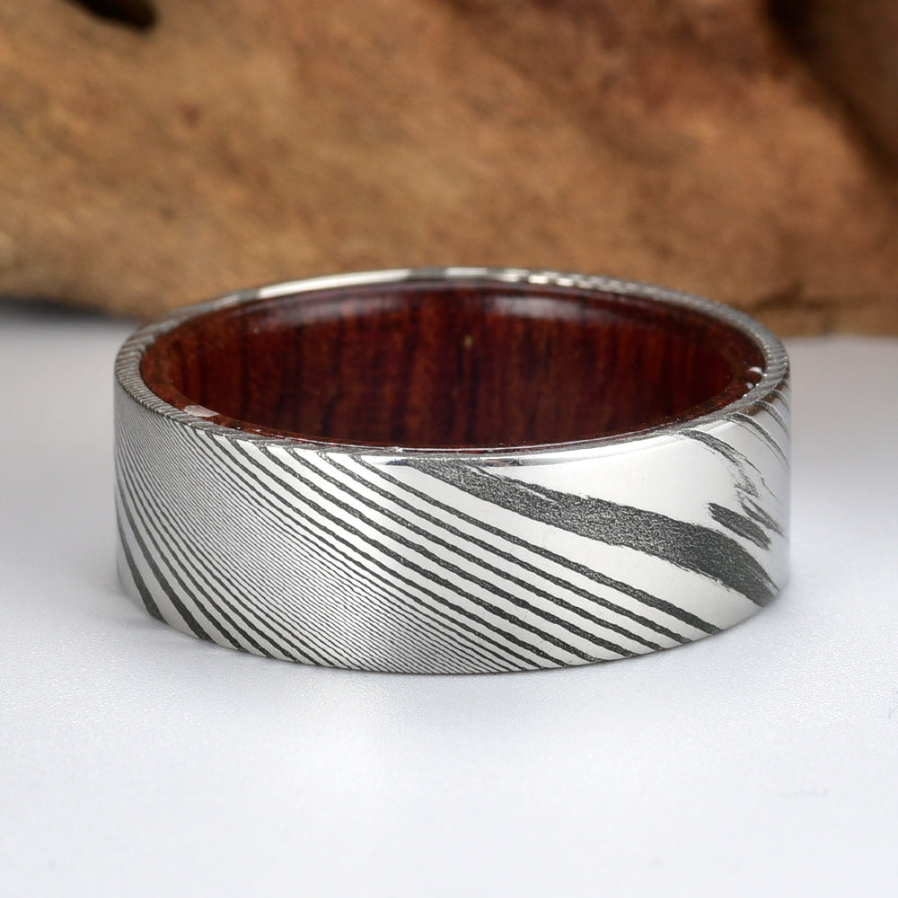 Damascus Rose Wood Burl Men's Wedding Band 8MM - Rings By Pristine