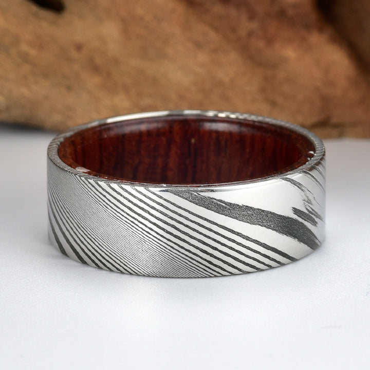 Damascus Rose Wood Burl Men's Wedding Band 8MM - Rings By Pristine