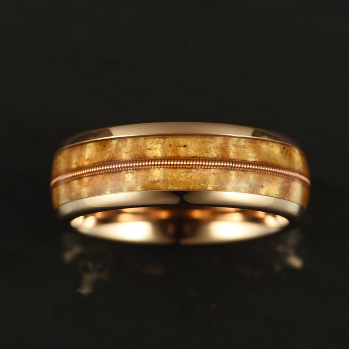 Rose Tungsten Koa Wood Guitar String Inlay Men's Wedding Band 8MM
