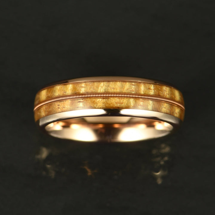 Rose Tungsten Koa Wood Guitar String Inlay Men's Wedding Band 6MM