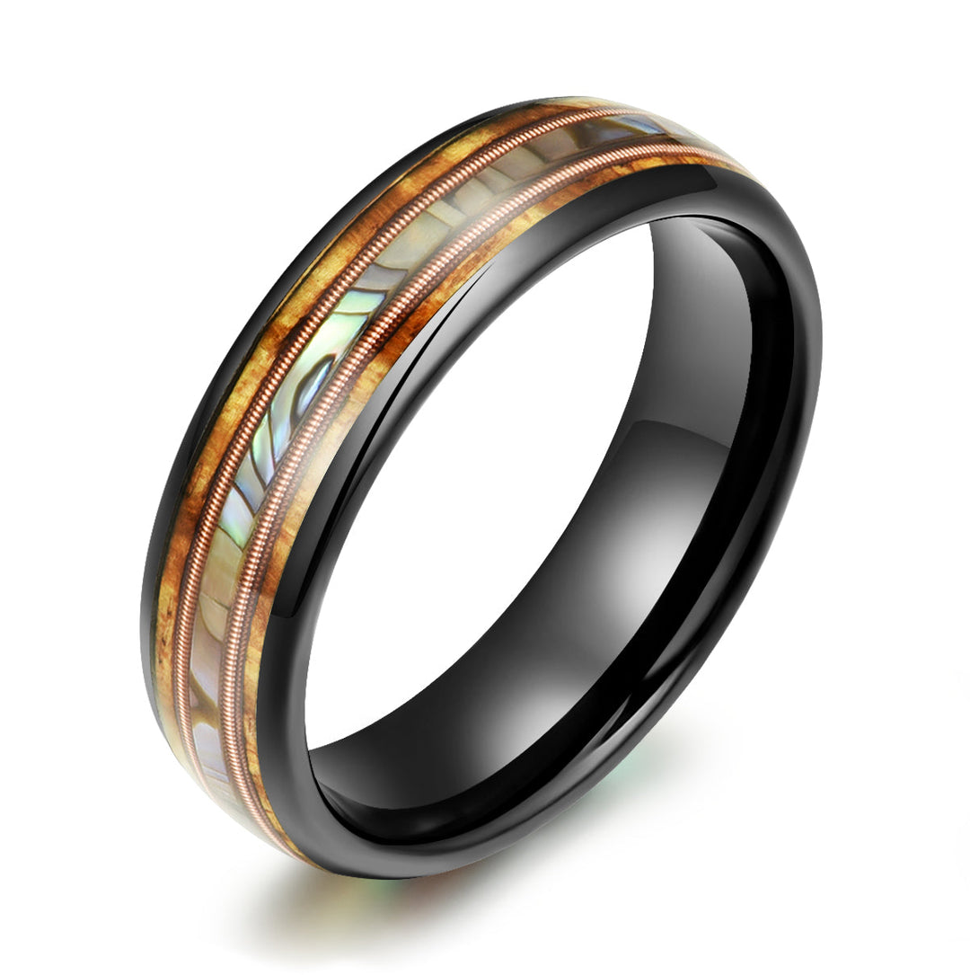 Hawaiian Koa Wood Abalone & Guitar String Tungsten Mens Wedding Ring 6MM - Rings By Pristine
