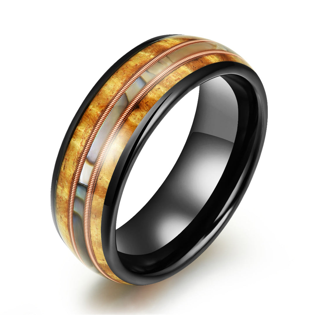 Hawaiian Koa Wood Abalone & Guitar String Tungsten Mens Wedding Ring 8MM - Rings By Pristine
