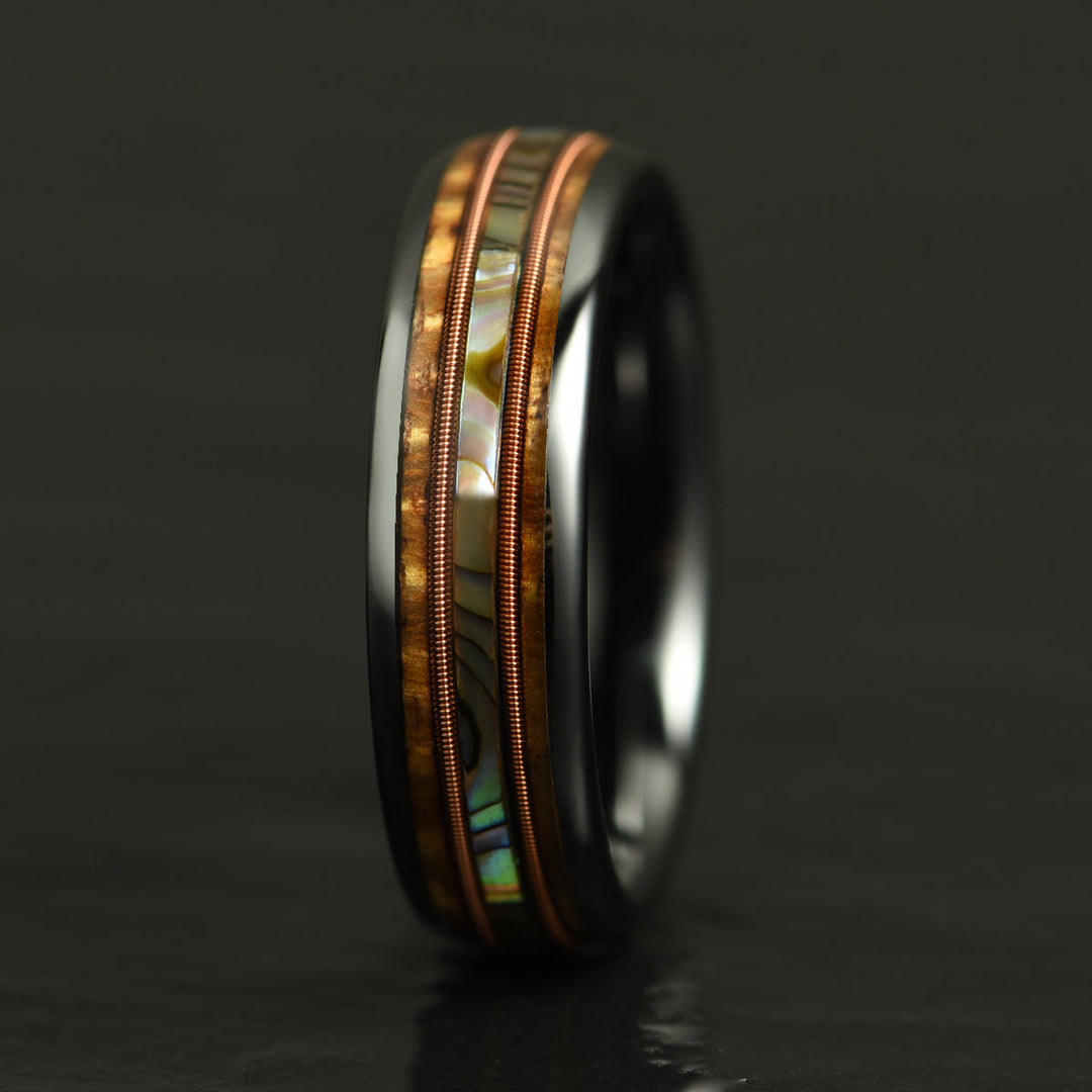 Hawaiian Koa Wood Abalone & Guitar String Tungsten Mens Wedding Ring 6MM - Rings By Pristine