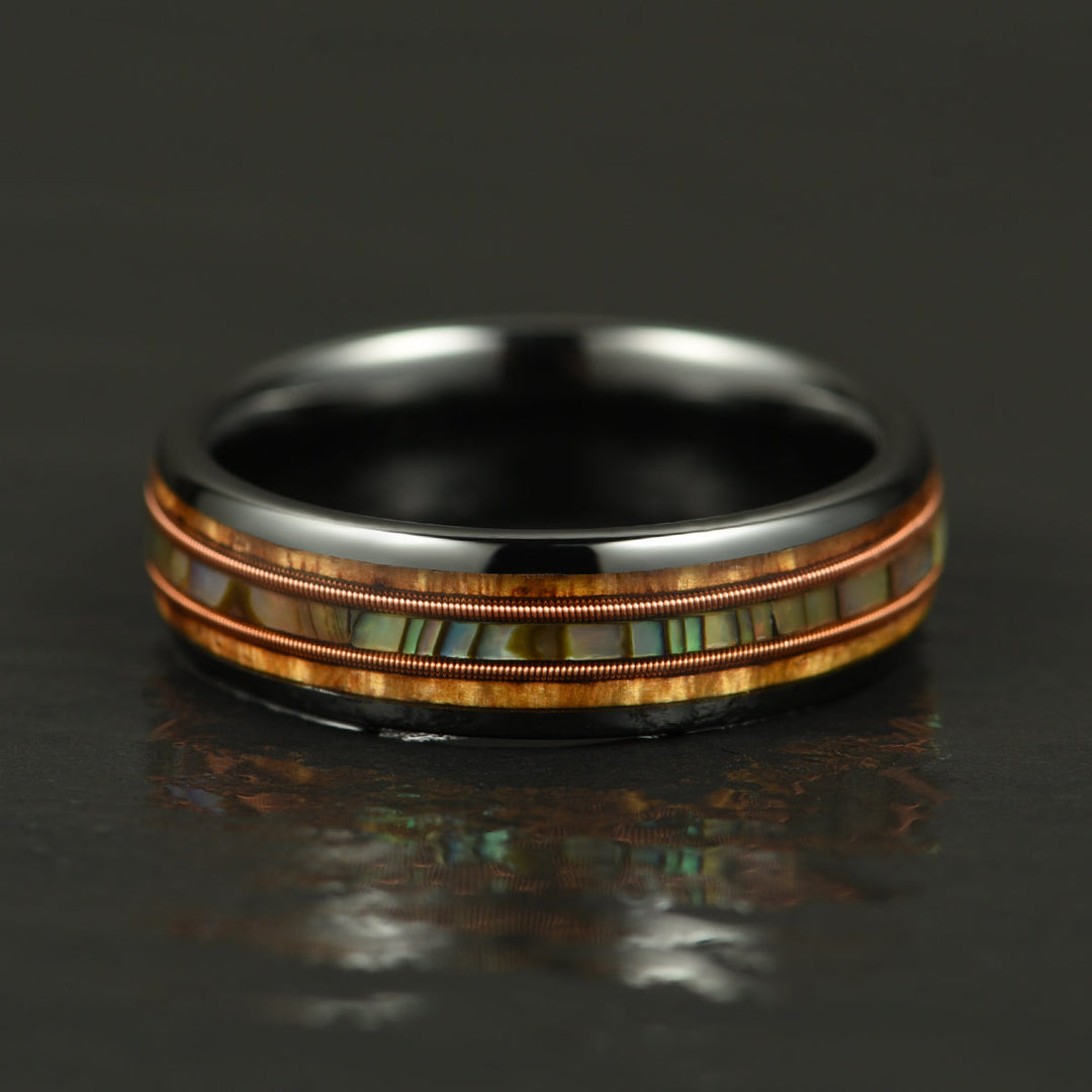 Hawaiian Koa Wood Abalone & Guitar String Tungsten Mens Wedding Ring 6MM - Rings By Pristine