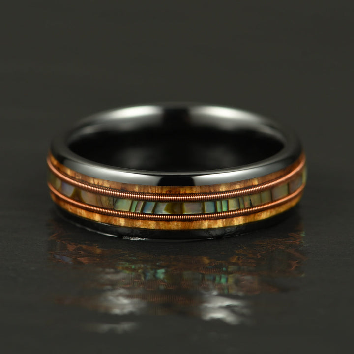 Hawaiian Koa Wood Abalone & Guitar String Tungsten Mens Wedding Ring 6MM - Rings By Pristine
