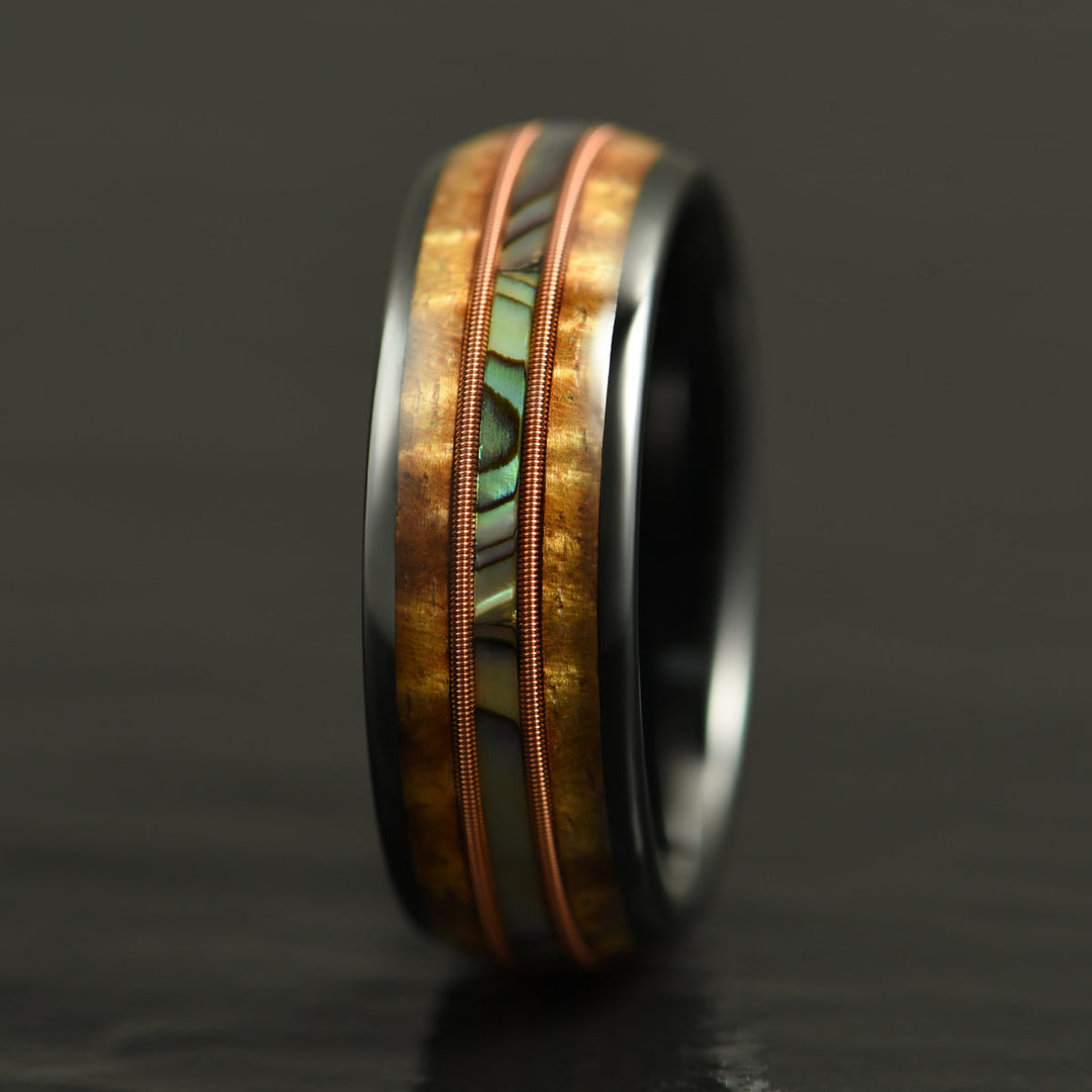 Hawaiian Koa Wood Abalone & Guitar String Tungsten Mens Wedding Ring 8MM - Rings By Pristine