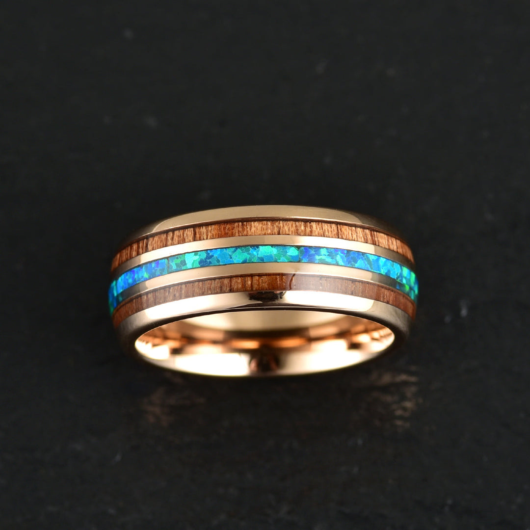 Rose Tungsten Koa Wood Opal Men's Wedding Band 8MM - Rings By Pristine