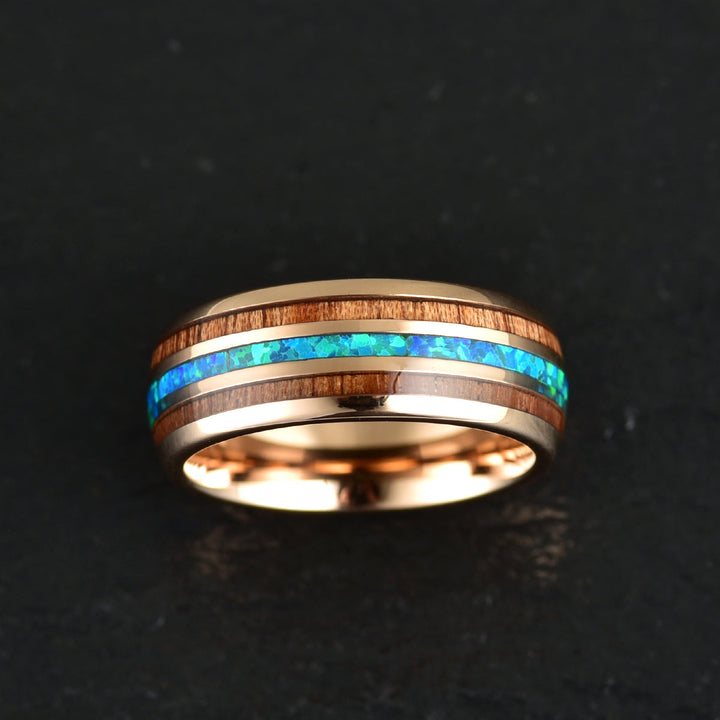 Rose Tungsten Koa Wood Opal Men's Wedding Band 8MM - Rings By Pristine