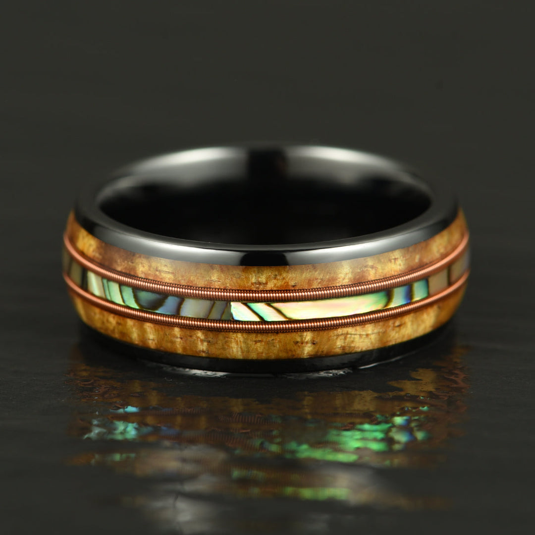 Hawaiian Koa Wood Abalone & Guitar String Tungsten Mens Wedding Ring 8MM - Rings By Pristine