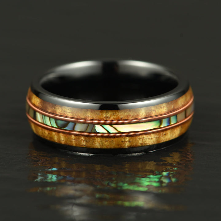 Hawaiian Koa Wood Abalone & Guitar String Tungsten Mens Wedding Ring 8MM - Rings By Pristine