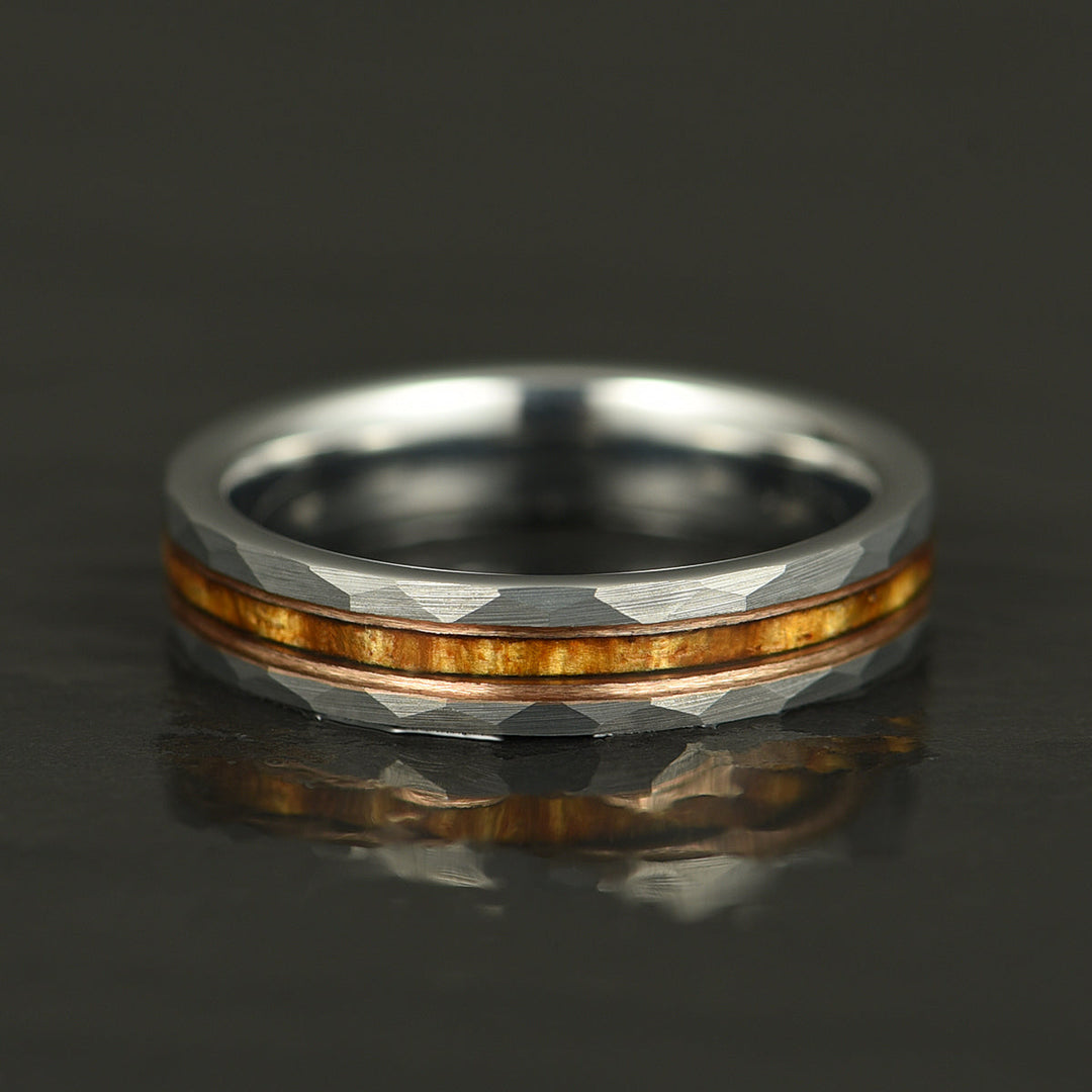 Hawaiian Koa Wood Abalone & Guitar String Tungsten Women's Wedding Ring 4MM - Rings By Pristine