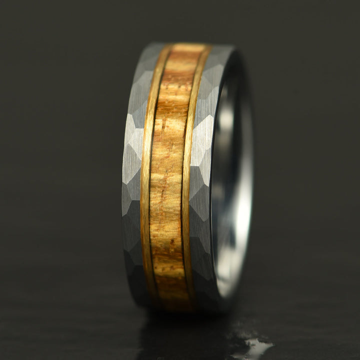 Hawaiian Koa Wood Hammered Tungsten Mens Wedding Band 8MM
