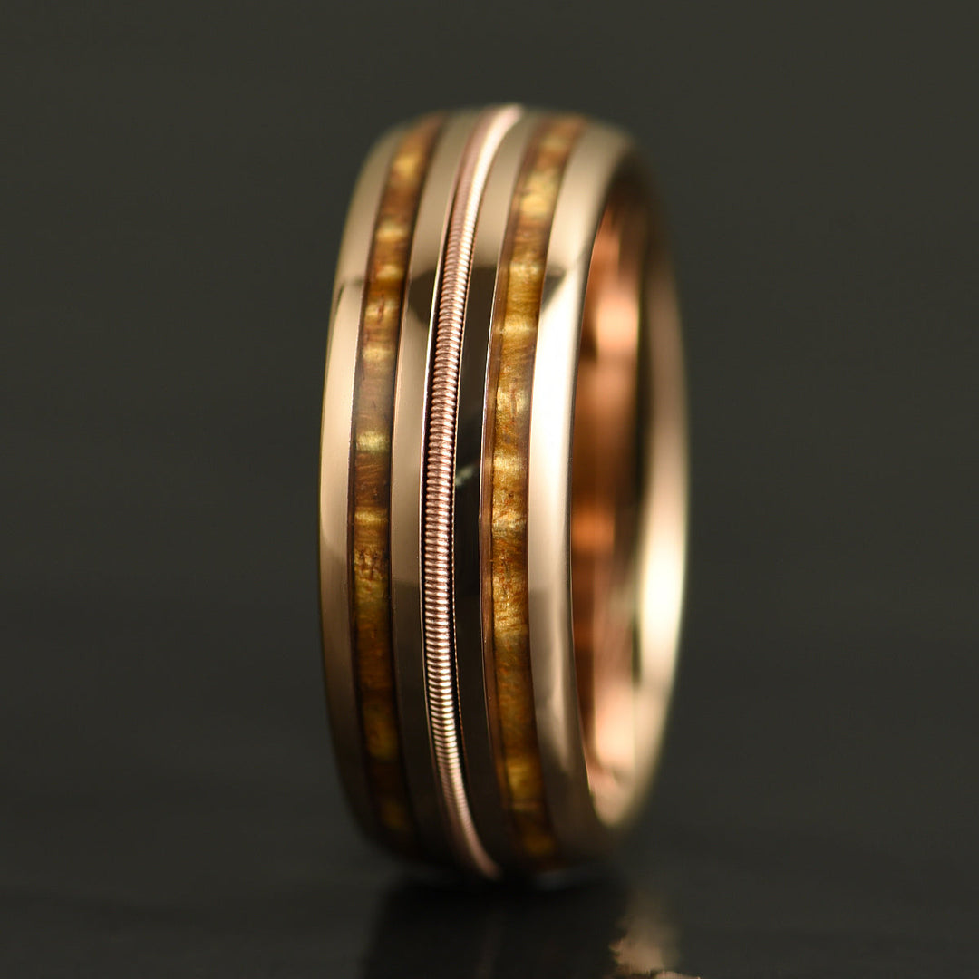 Hawaiian Koa Wood & Guitar String Rose Tungsten Mens Wedding Ring 8MM - Rings By Pristine
