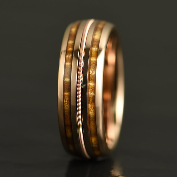 Hawaiian Koa Wood & Guitar String Rose Tungsten Mens Wedding Ring 8MM - Rings By Pristine