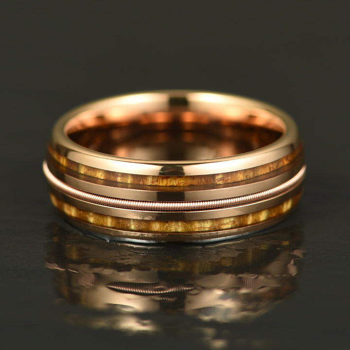 Hawaiian Koa Wood & Guitar String Rose Tungsten Mens Wedding Ring 8MM - Rings By Pristine