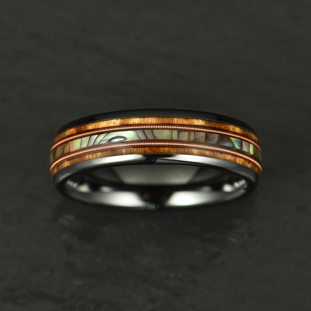 Hawaiian Koa Wood Abalone & Guitar String Tungsten Mens Wedding Ring 6MM - Rings By Pristine