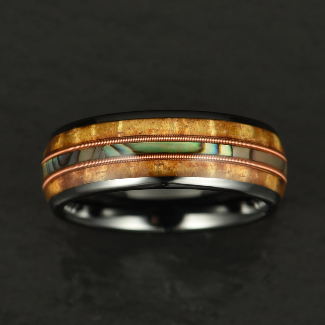 Hawaiian Koa Wood Abalone & Guitar String Tungsten Mens Wedding Ring 8MM - Rings By Pristine