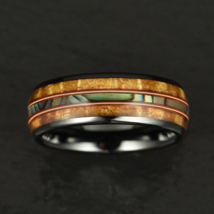 Hawaiian Koa Wood Abalone & Guitar String Tungsten Mens Wedding Ring 8MM - Rings By Pristine