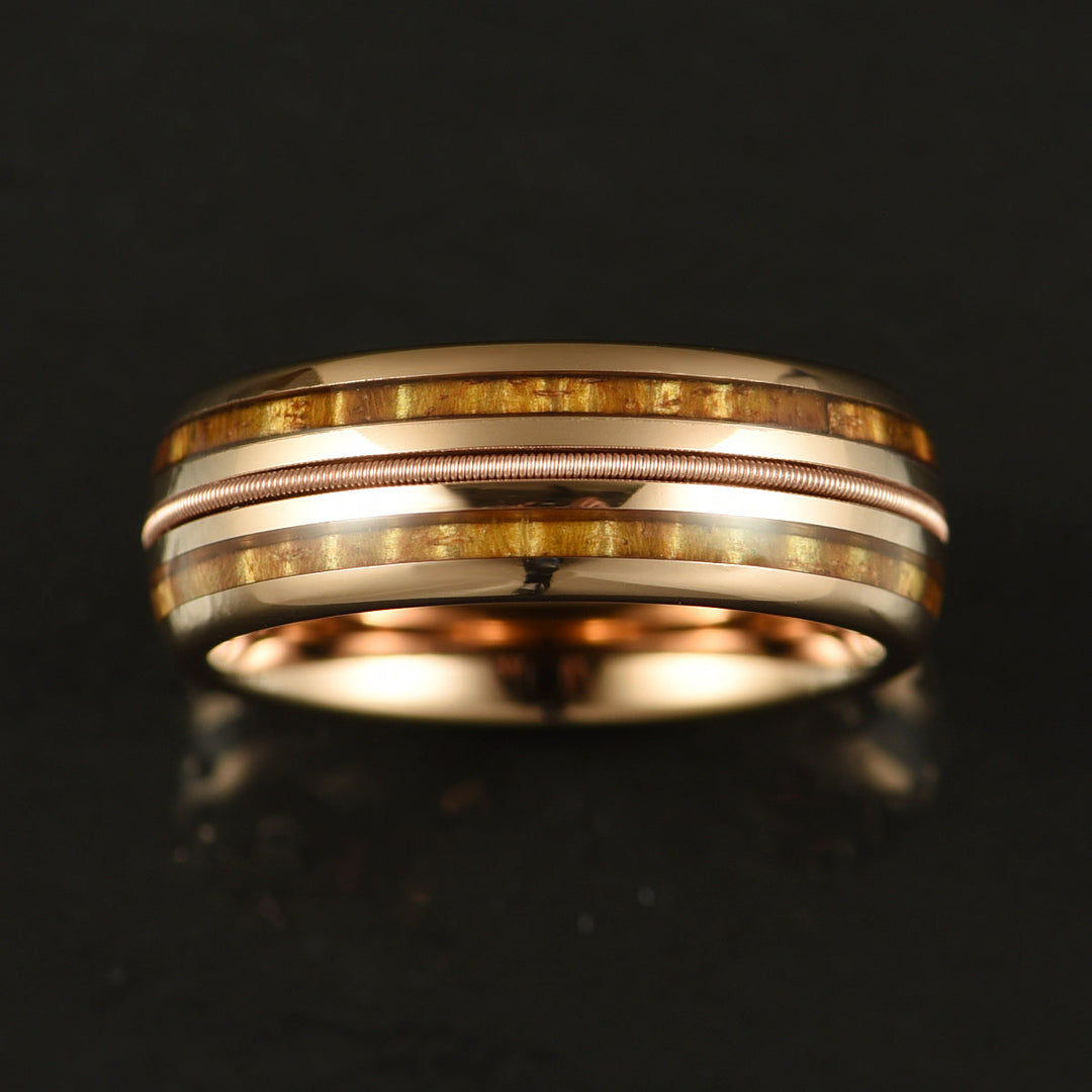 Hawaiian Koa Wood & Guitar String Rose Tungsten Mens Wedding Ring 8MM - Rings By Pristine